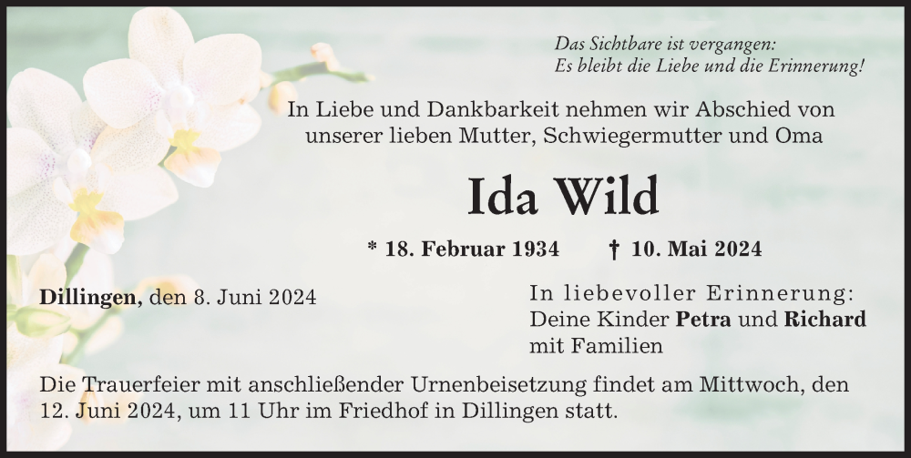 Traueranzeige von Ida Wild von Donau Zeitung