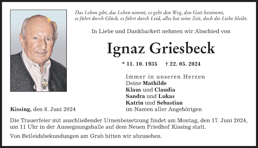 Traueranzeige von Ignaz Griesbeck von Friedberger Allgemeine