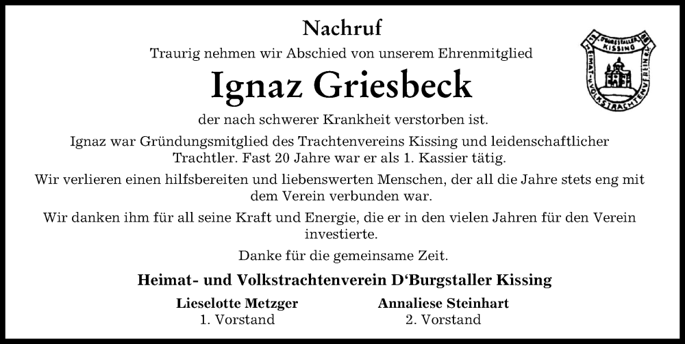 Traueranzeige von Ignaz Griesbeck von Friedberger Allgemeine