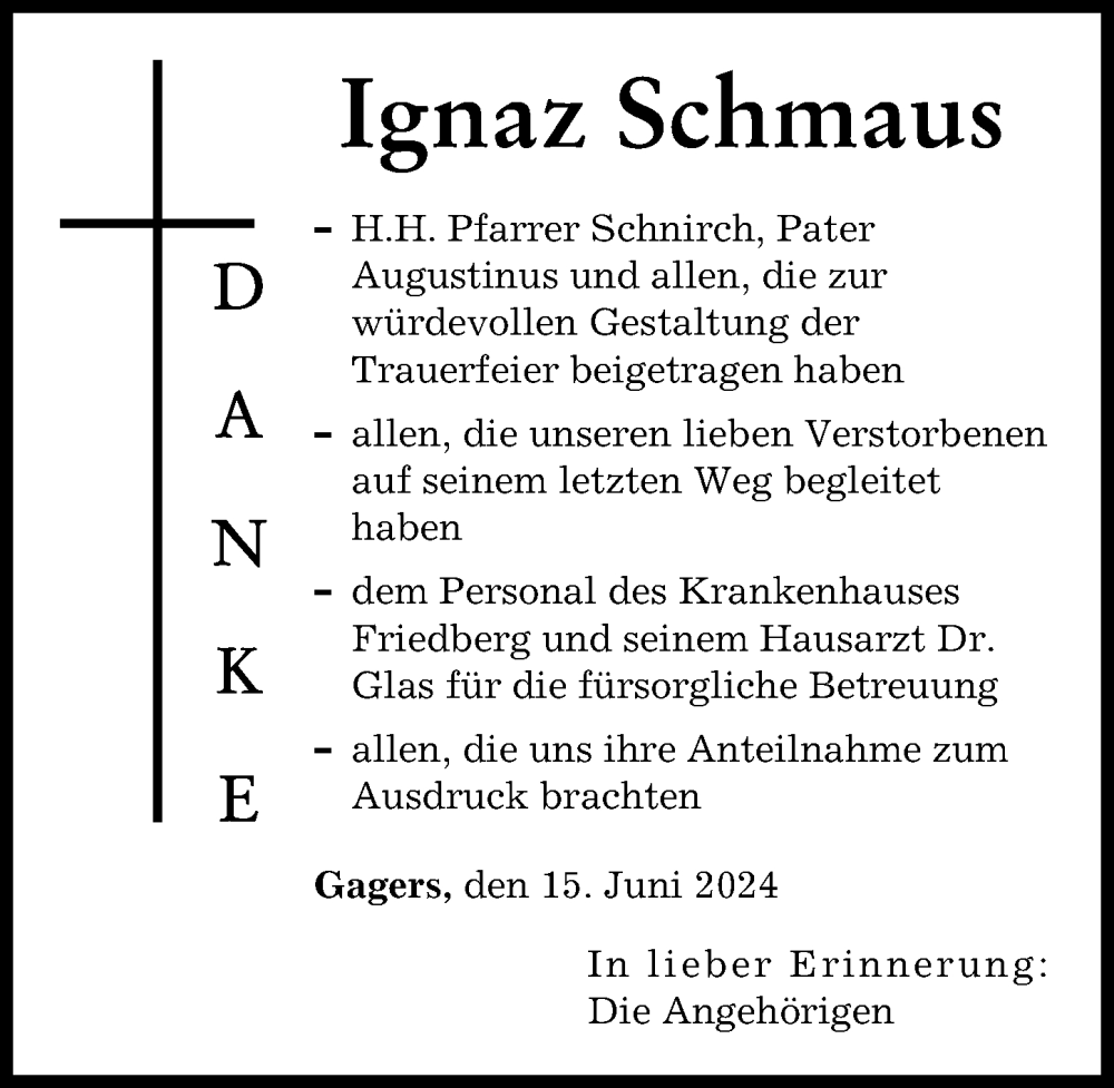 Traueranzeige von Ignaz Schmaus von Friedberger Allgemeine