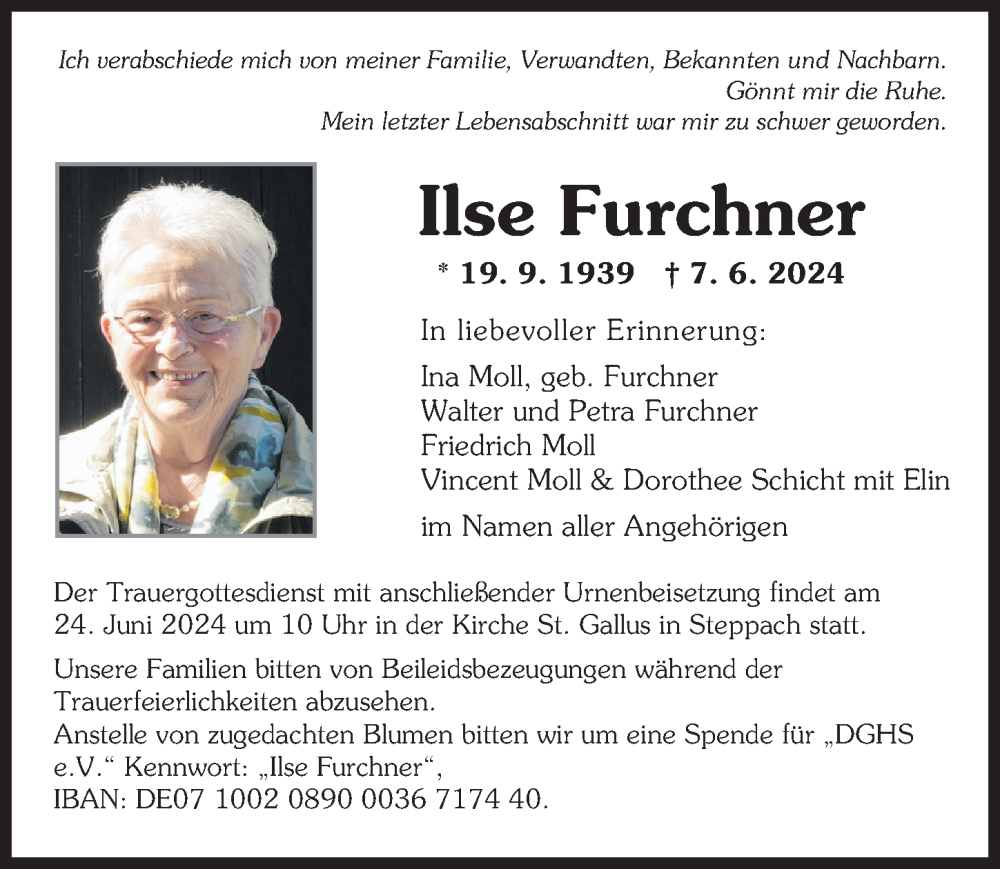 Traueranzeige von Ilse Furchner von Augsburger Allgemeine