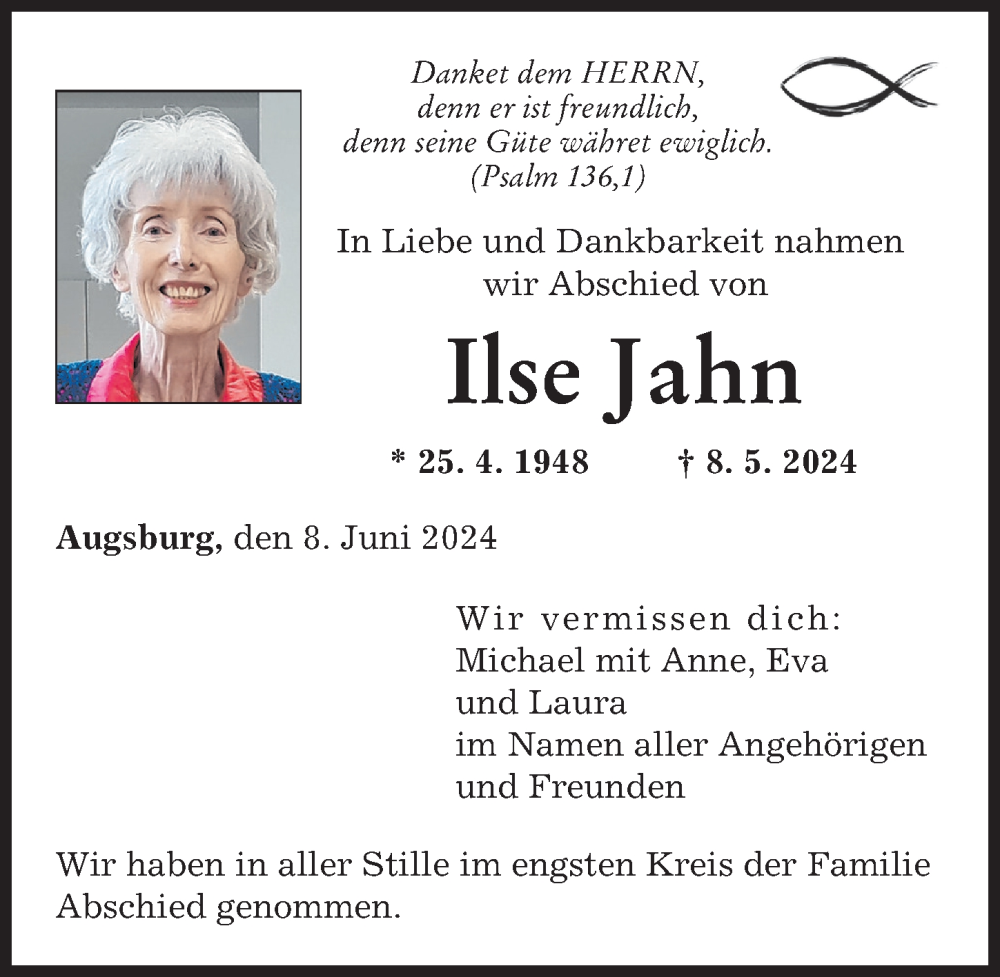 Traueranzeige von Ilse Jahn von Augsburger Allgemeine