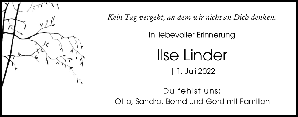 Traueranzeige von Ilse Linder von Augsburger Allgemeine