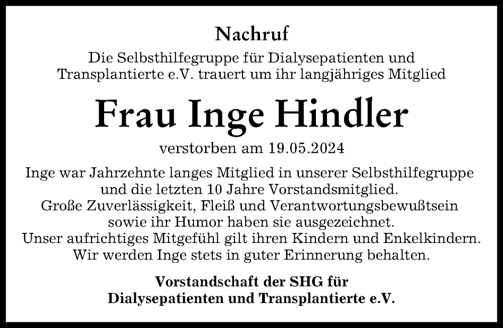 Traueranzeige von Inge Hindler von Günzburger Zeitung