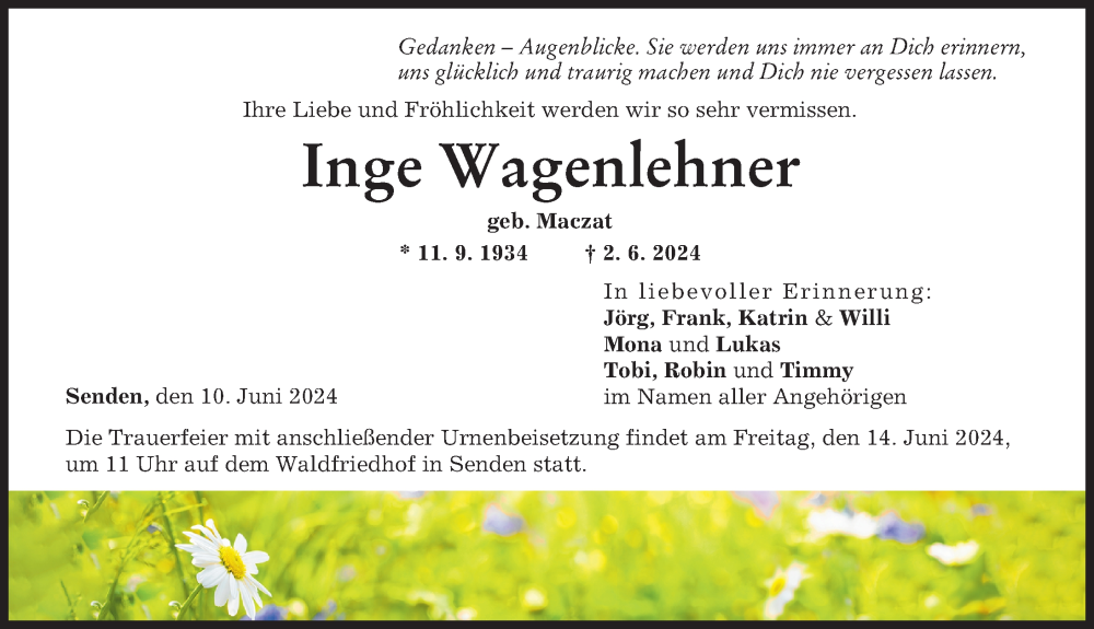 Traueranzeige von Inge Wagenlehner von Augsburger Allgemeine, Neu-Ulmer Zeitung