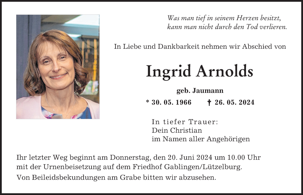  Traueranzeige für Ingrid Arnolds vom 15.06.2024 aus Augsburger Allgemeine