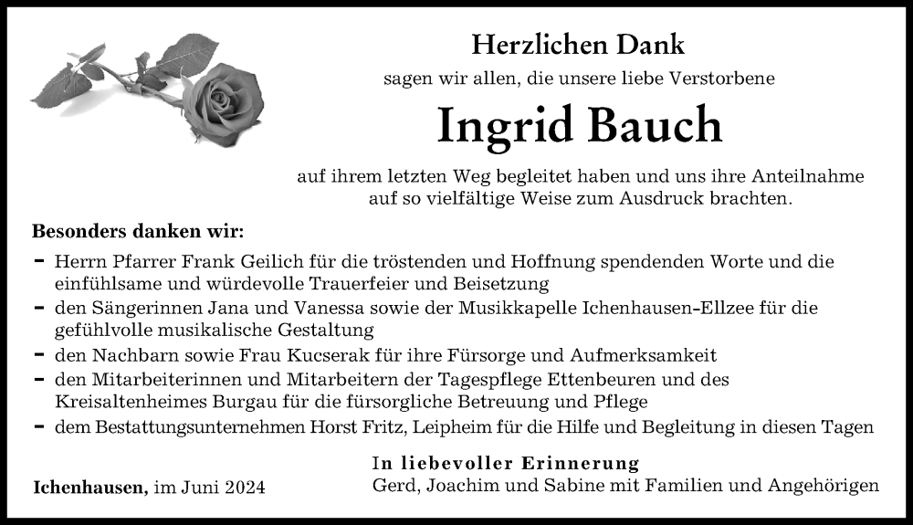 Traueranzeige von Ingrid Bauch von Günzburger Zeitung