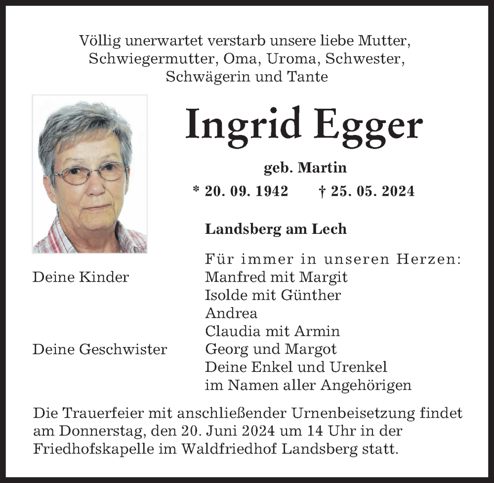 Traueranzeige von Ingrid Egger von Landsberger Tagblatt