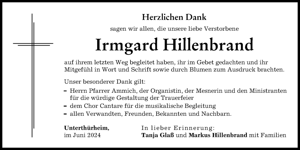 Traueranzeige von Irmgard Hillenbrand von Wertinger Zeitung