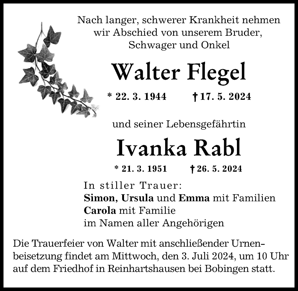 Traueranzeige von Ivanka Rabl von Schwabmünchner Allgemeine