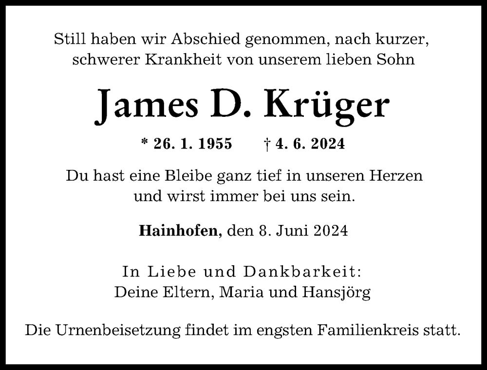 Traueranzeige von James Krüger von Augsburger Allgemeine