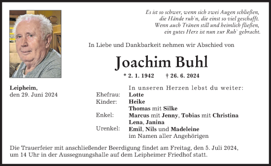 Traueranzeige von Joachim Buhl von Günzburger Zeitung