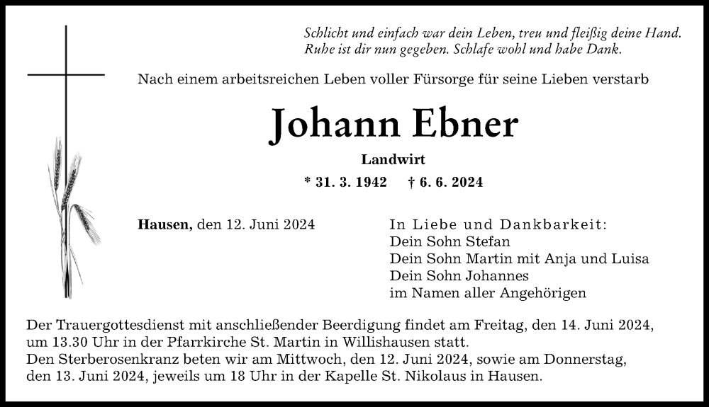 Traueranzeige von Johann Ebner von Augsburger Allgemeine
