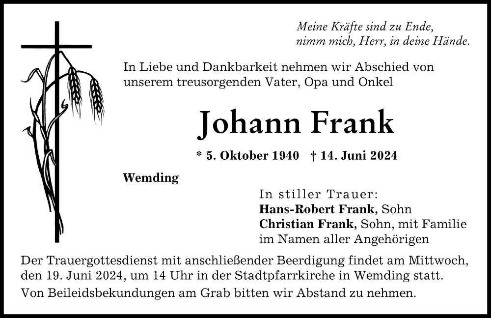 Traueranzeige von Johann Frank von Donauwörther Zeitung