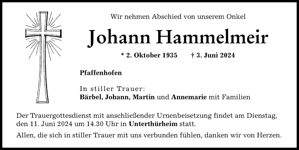 Traueranzeige von Johann Hammelmeir von Wertinger Zeitung