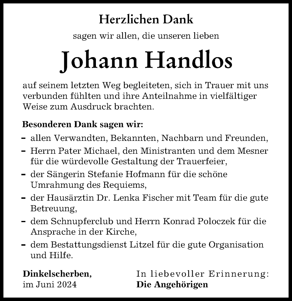 Traueranzeige von Johann Handlos von Augsburg-Land