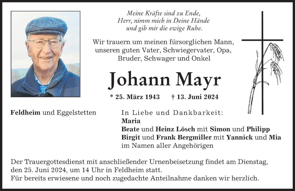 Traueranzeige von Johann Mayr von Donauwörther Zeitung
