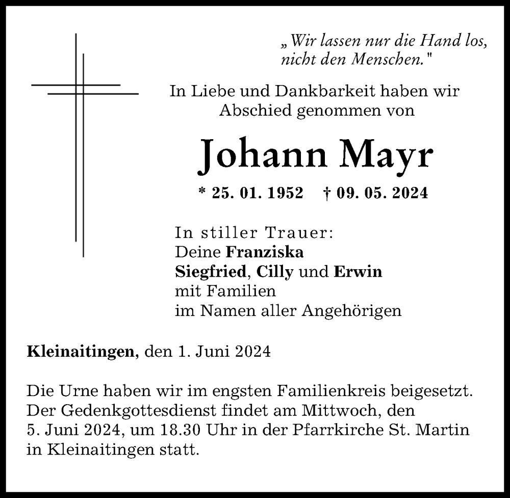 Traueranzeige von Johann Mayr von Schwabmünchner Allgemeine