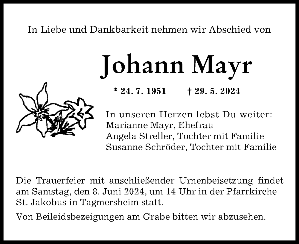 Traueranzeige von Johann Mayr von Donauwörther Zeitung