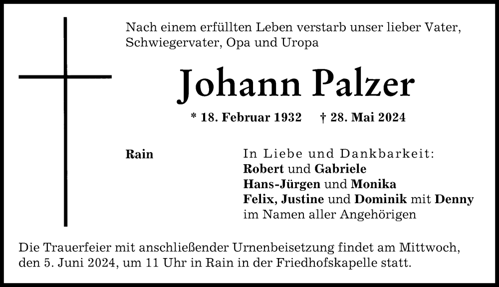 Traueranzeige von Johann Palzer von Donauwörther Zeitung