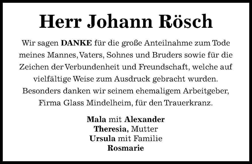 Traueranzeige von Johann Rösch von Mindelheimer Zeitung