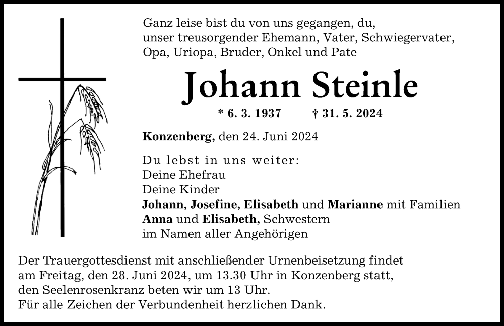 Traueranzeige von Johann Steinle von Günzburger Zeitung