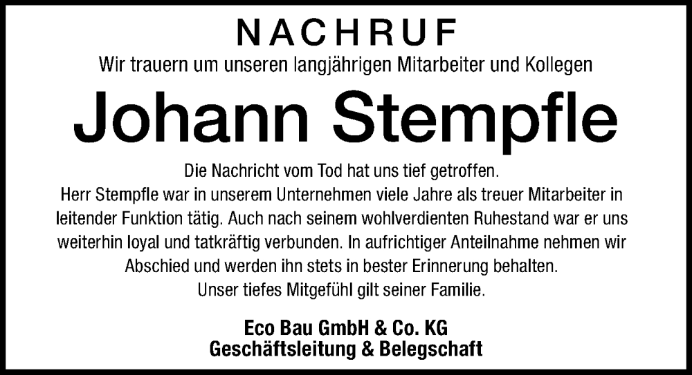 Traueranzeige von Johann Stempfle von Mittelschwäbische Nachrichten