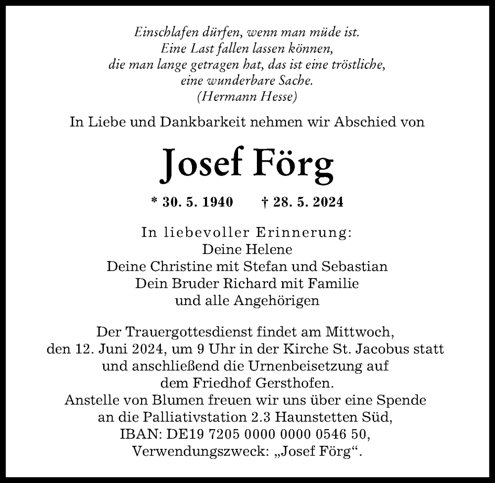 Traueranzeige von Josef Förg von Augsburger Allgemeine