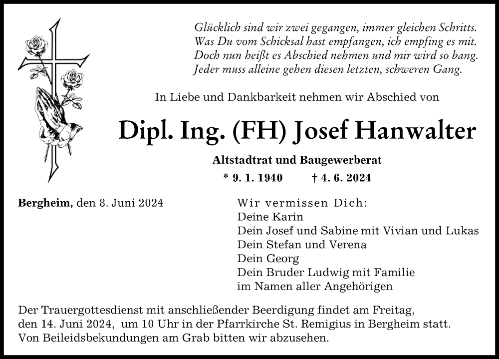  Traueranzeige für Josef Hanwalter vom 08.06.2024 aus Augsburger Allgemeine