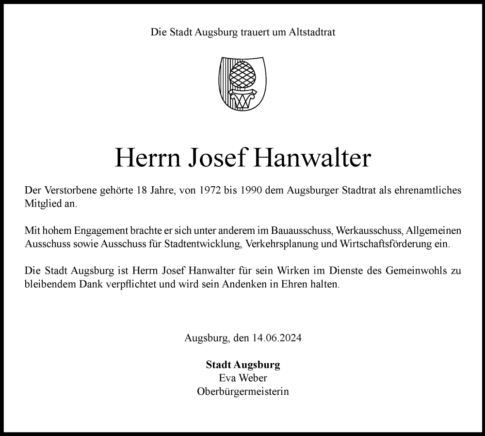 Traueranzeige von Josef Hanwalter von Augsburger Allgemeine