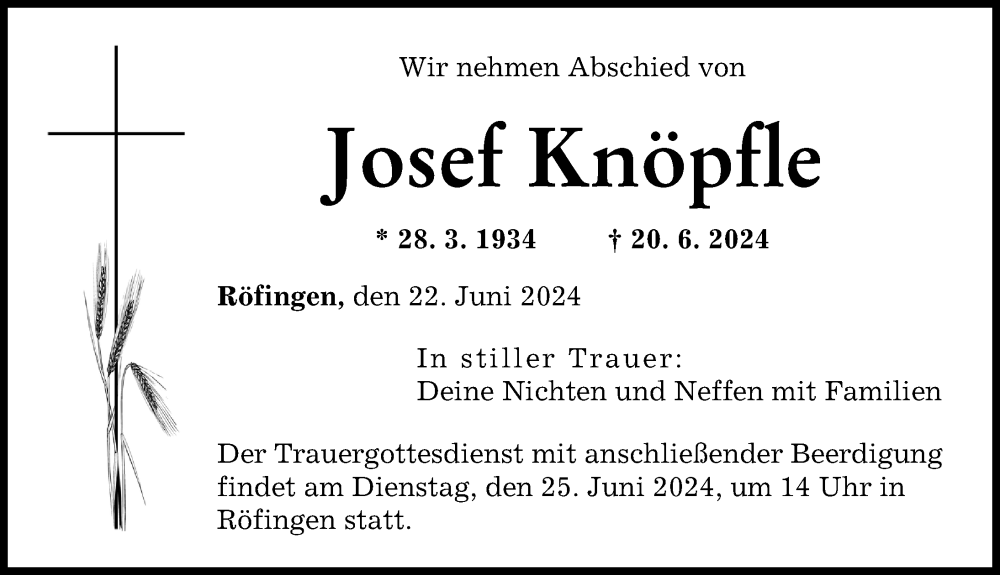 Traueranzeige von Josef Knöpfle von Günzburger Zeitung