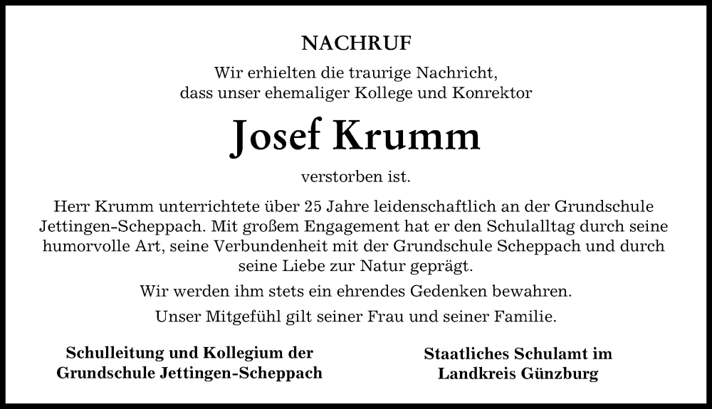 Traueranzeige von Josef Krumm von Günzburger Zeitung