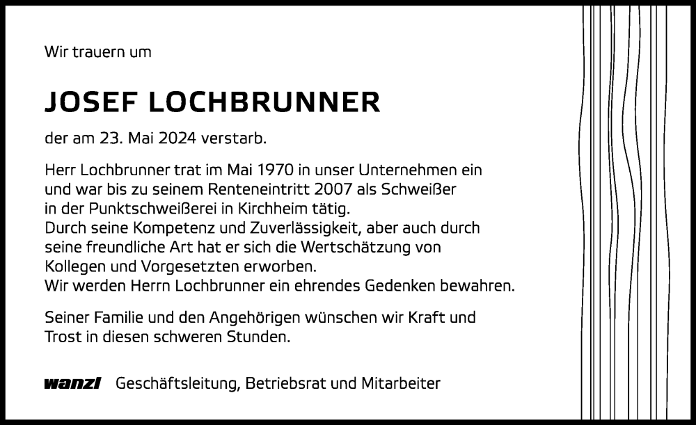 Traueranzeige von Josef Lochbrunner von Mittelschwäbische Nachrichten