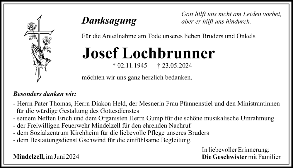 Traueranzeige von Josef Lochbrunner von Mittelschwäbische Nachrichten