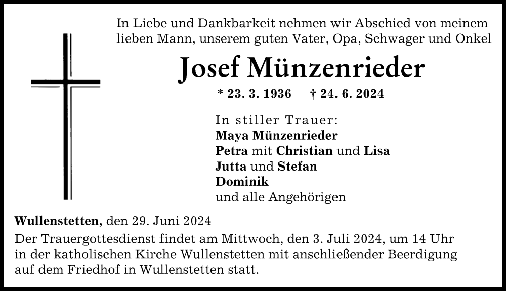 Traueranzeige von Josef Münzenrieder von Neu-Ulmer Zeitung