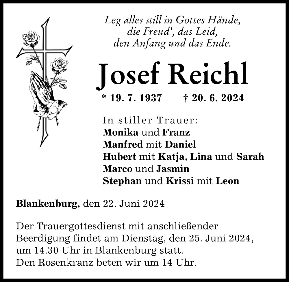 Traueranzeige von Josef Reichl von Augsburg-Land