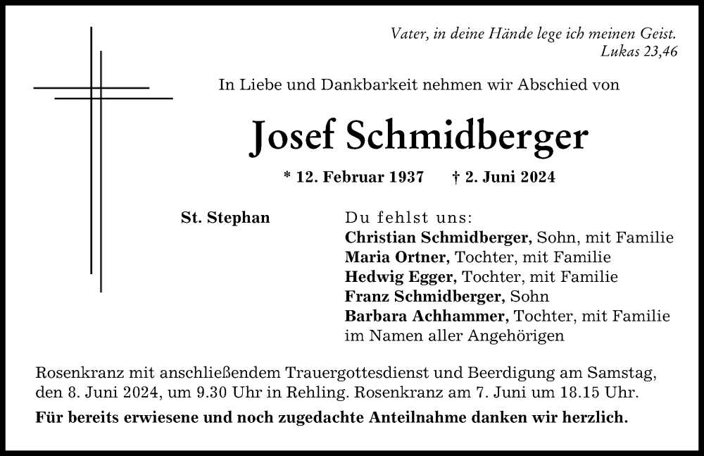 Traueranzeige von Josef Schmidberger von Aichacher Nachrichten