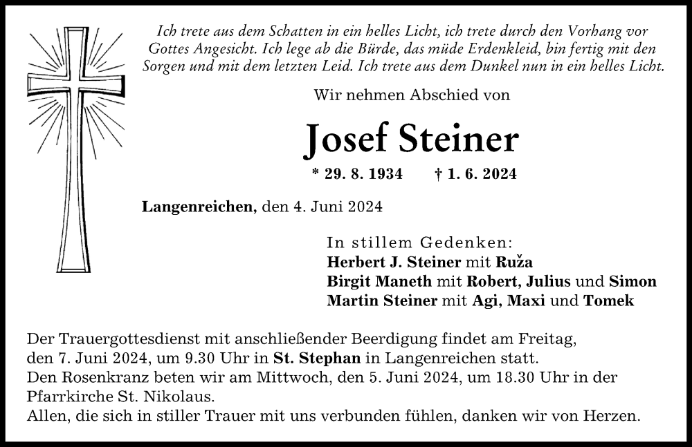 Traueranzeige von Josef Steiner von Wertinger Zeitung, Augsburg-Land