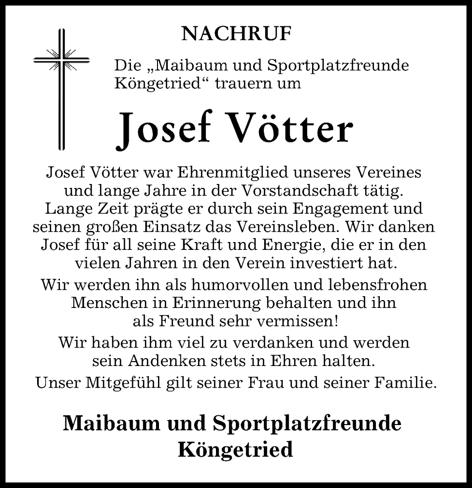 Traueranzeige von Josef Vötter von Mindelheimer Zeitung