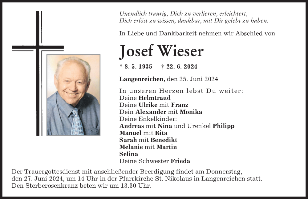 Traueranzeige von Josef Wieser von Augsburg-Land