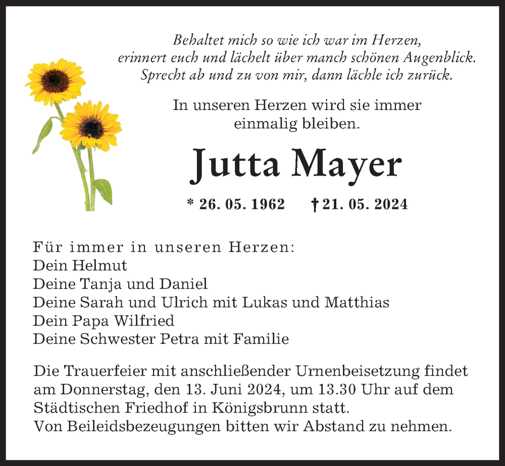 Traueranzeige von Jutta Mayer von Augsburger Allgemeine