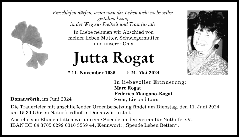 Traueranzeige von Jutta Rogat von Donauwörther Zeitung