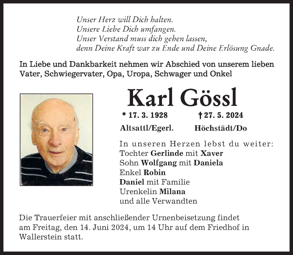 Traueranzeige von Karl Gössl von Rieser Nachrichten