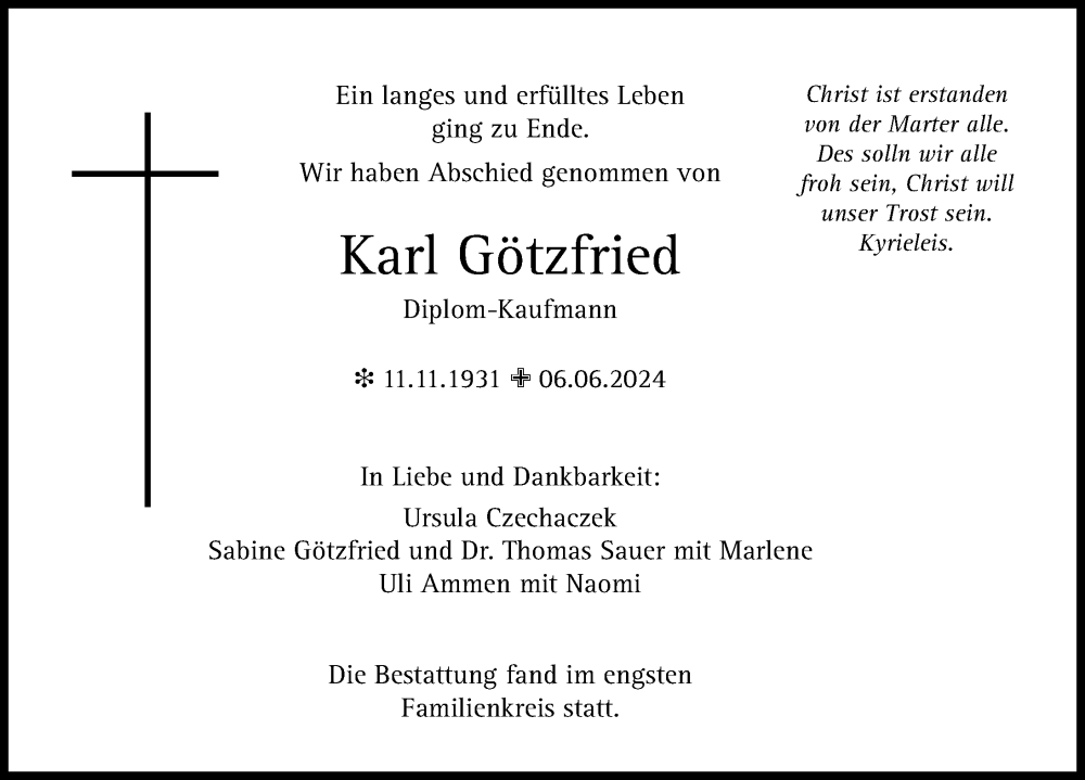Traueranzeige von Karl Götzfried von Augsburger Allgemeine