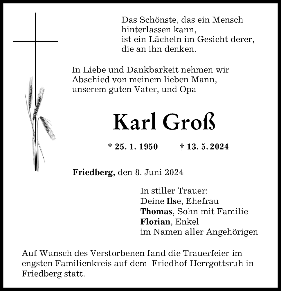 Traueranzeige von Karl Groß von Friedberger Allgemeine