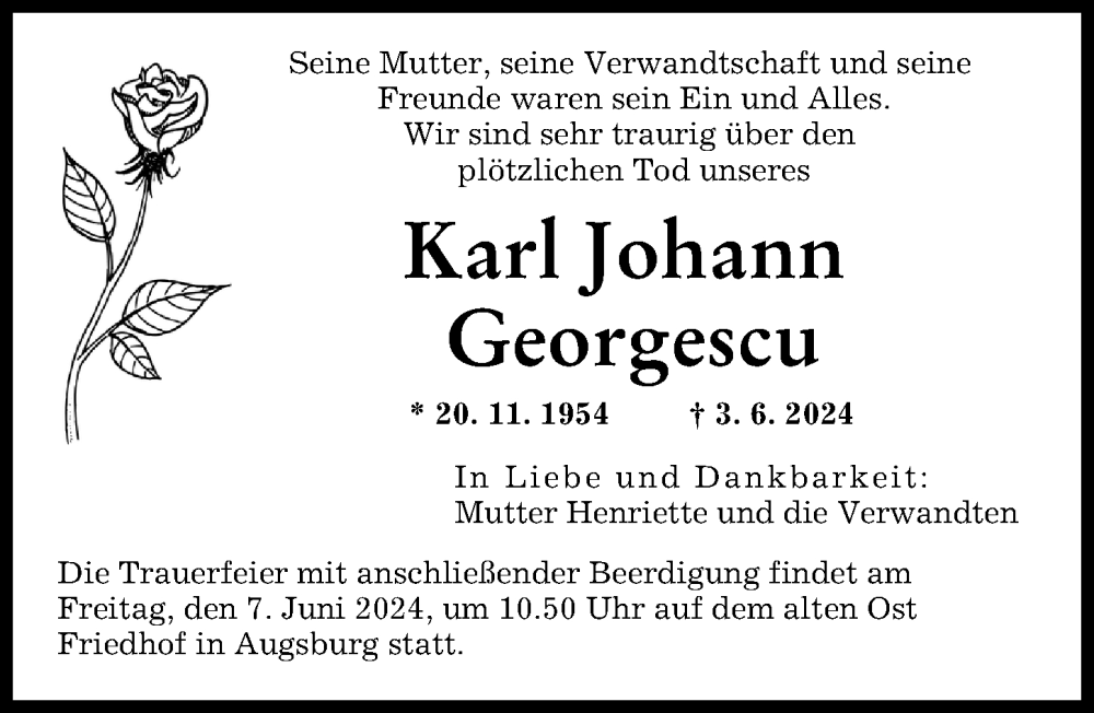 Traueranzeige von Karl Johann Georgescu von Augsburger Allgemeine