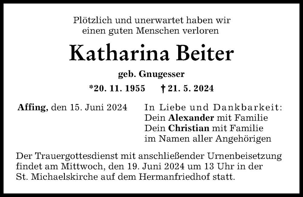 Traueranzeige von Katharina Beiter von Aichacher Nachrichten