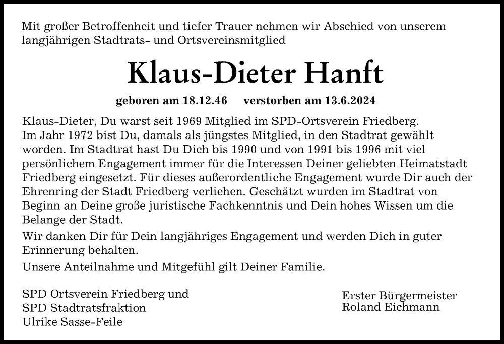 Traueranzeige von Klaus-Dieter Hanft von Friedberger Allgemeine