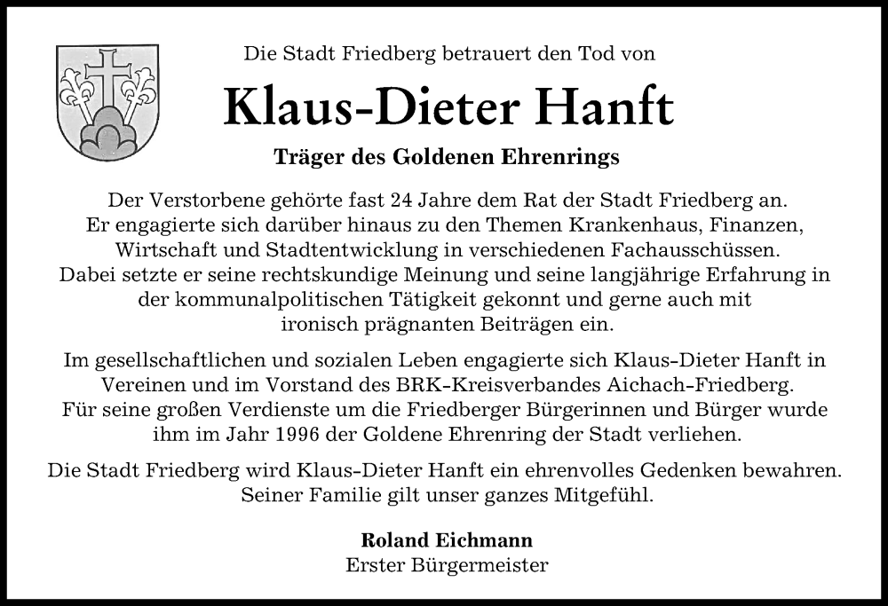 Traueranzeige von Klaus-Dieter Hanft von Friedberger Allgemeine