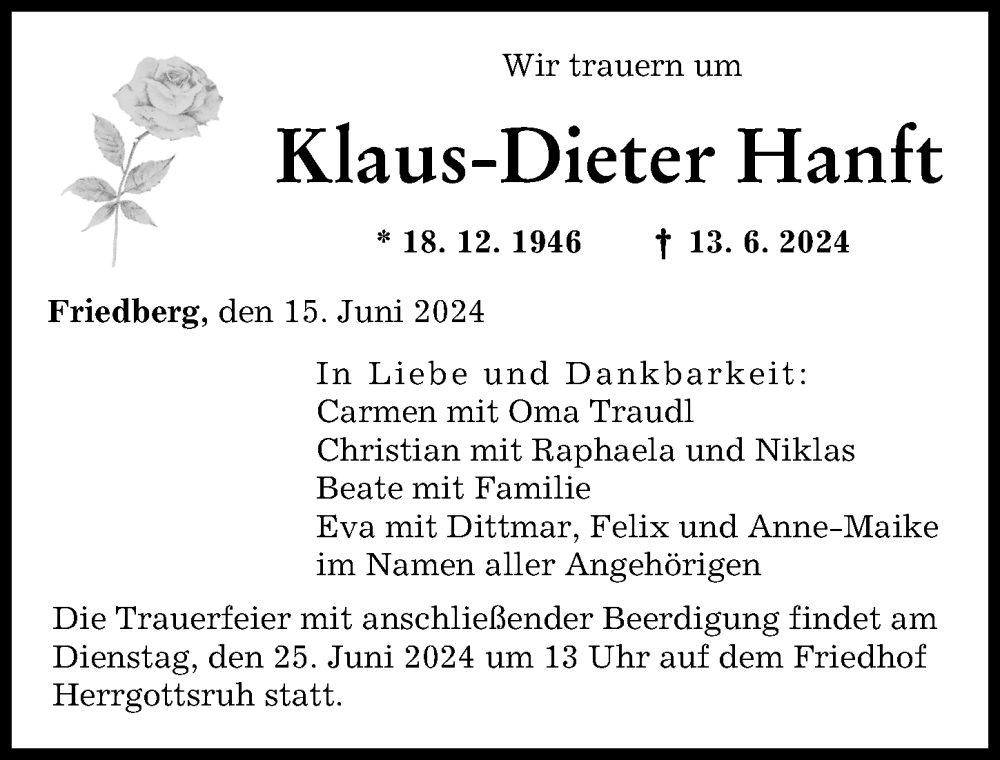 Traueranzeige von Klaus-Dieter Hanft von Augsburger Allgemeine